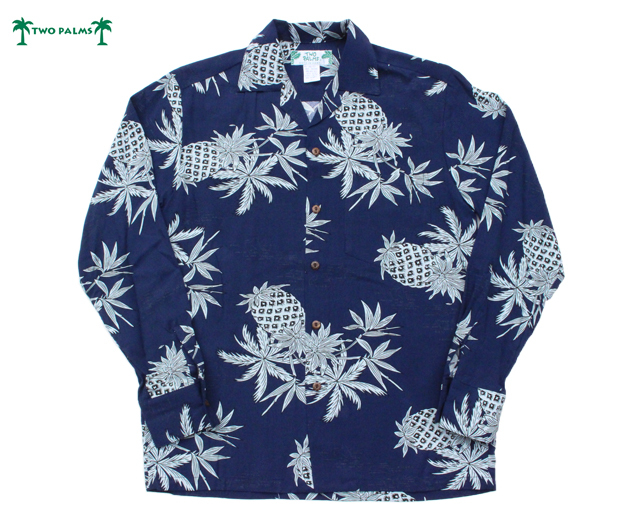 Two Palms トゥーパームス 長袖 アロハシャツ パイナップル ハワイ製 レーヨン 紺 ネイビー Pineapple Map L S
