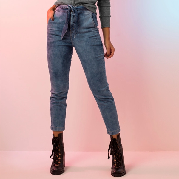 デニム パンツ ハイウエスト クロップド丈 ベルト付き レディース