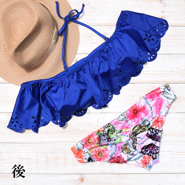 インポートビキニ 水着 オフショルダー 花柄 黒 赤 青