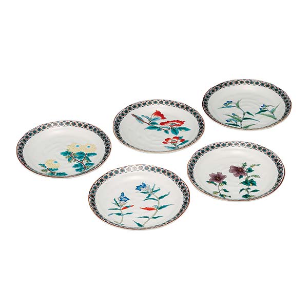 【送料無料】九谷焼 皿揃 金欄小紋五草花 6号 5枚セット≪注文後に商品取り寄せ、後日納期連絡致します≫ ( 退職祝い 定年 プレート おつまみ 料理 和食 洋食 九谷焼 )