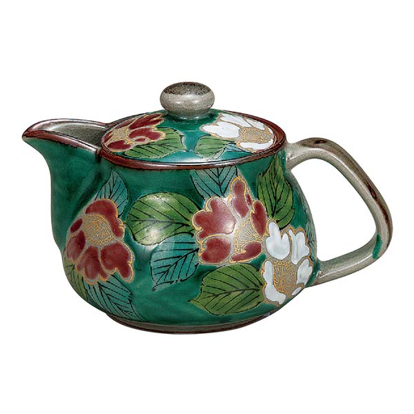九谷焼 ポット急須 グリーン山茶花≪注文後に商品取り寄せ、後日納期連絡致します≫ ( 退職祝い 定年 取っ手付き 茶こし付き 茶器 急須 ティーポット 九谷焼 )