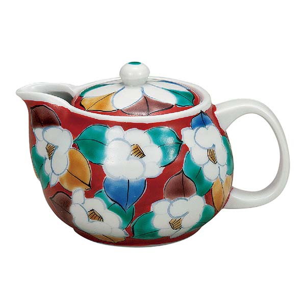 九谷焼 ポット急須 朱地椿≪在庫確認後、通常即日で出荷≫ ( 取っ手付き 茶こし付き 茶器 急須 ティーポット 九谷焼 )