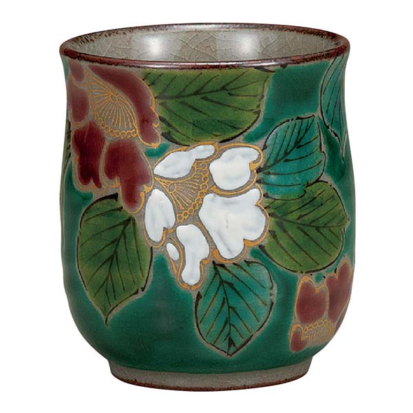 【送料無料】九谷焼 湯呑 グリーン山茶花≪注文後に商品取り寄せ、後日納期連絡致します≫ ( 退職祝い 定年 上司 父 母 男性 女性 先輩 湯のみ ゆのみ 湯飲み 湯呑み 陶器 九谷焼 )