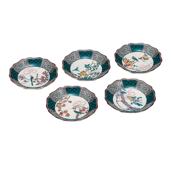 【送料無料】九谷焼 皿揃 花鳥絵変わり 4.5号 5枚セット≪13時までのご注文即日発送(休業日を除く)≫ ( あすつく 初任給 プレゼント 母の日 陶器 小皿 中皿 取り皿 食器 九谷焼 )