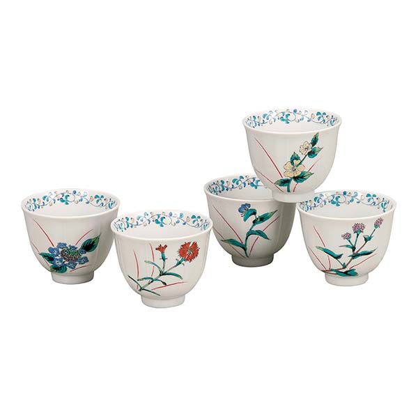 九谷焼 汲出揃 五草花≪在庫確認後、通常即日で出荷≫ ( 湯呑み 湯のみ 湯飲み 来客用 陶器 九谷焼 )