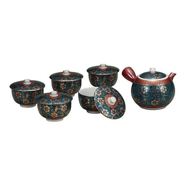 【送料無料】蓋付茶器セット 青粒≪売り切れました≫ ( 退職祝い 男性 女性 母の日  早割　プレゼント 茶器セット 急須 茶こし付き 湯呑み 陶器 九谷焼 )