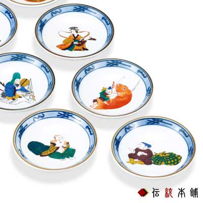 【送料無料】九谷焼 皿揃 七福神 3号 7枚セット≪在庫確認後、通常即日で出荷≫ ( 初任給 プレゼント 母の日 陶器 小皿 豆皿 醤油皿 食器 九谷焼 )