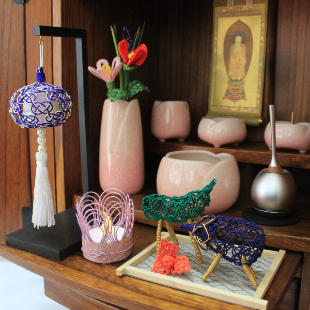 骨董品    お盆  飾り物    置物   工芸品 盆飾り 水引盆帰郷 盆提灯 小・LEDローソク 藍白 精霊牛馬・ほおずき