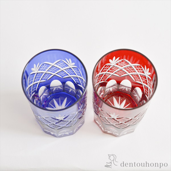 田島硝子 江戸切子 青赤2個セット グラス コップ タンブラー ペアコップ 送料無料】 重ね矢来菊底 タンブラー ペア / 田島硝子 ビールグラス