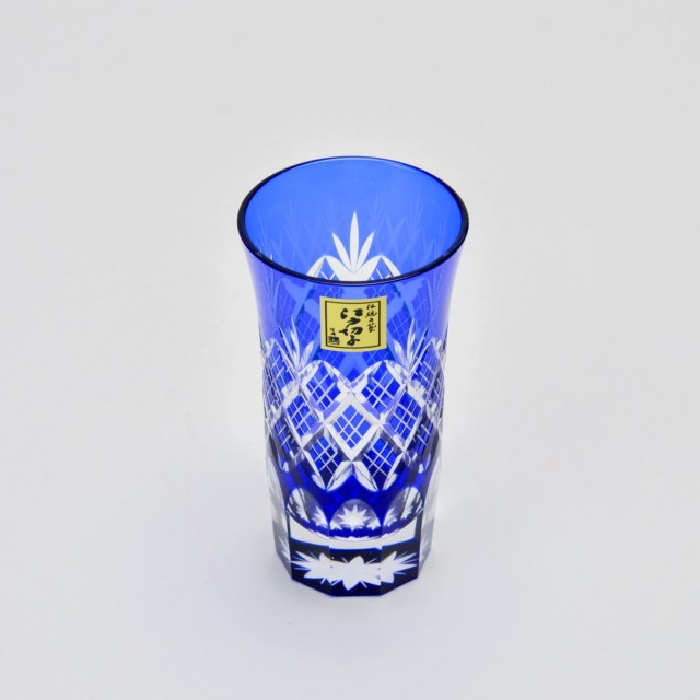 送料無料】 重ね矢来・菊底 一口ビール 瑠璃 江戸切子 / 田島硝子