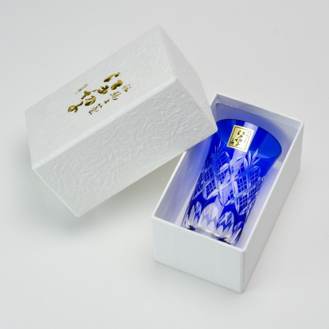 送料無料】 重ね矢来・菊底 一口ビール 瑠璃 江戸切子 / 田島硝子