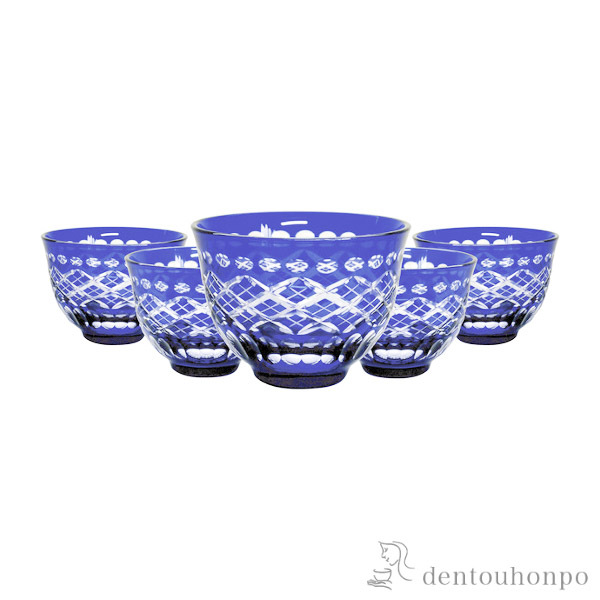 【送料無料】江戸切子 玉矢来切子 ルリ冷茶5客揃 江戸切子≪約半年で出荷予定≫ ( 田島硝子 木箱名入れ有料 湯のみ ゆのみ 湯飲み セット プレゼント 江戸切子 )