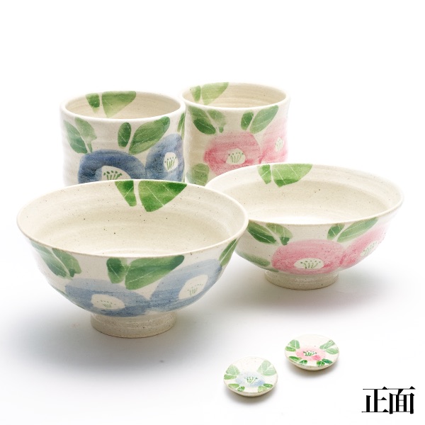 送料無料】 夫婦茶碗 夫婦湯呑 椿文 箸置付 セット 木箱入り / 夫婦