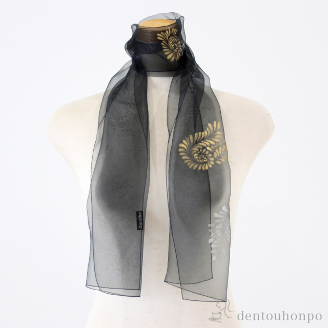 【送料無料】天女の羽衣 加賀友禅染ショール 手描き シェル(黒) 小≪1ヶ月程で出荷予定≫ ( 工房久恒 ストール 結婚式 大判 パーティー おしゃれ 加賀友禅 )