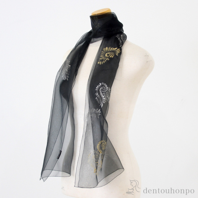 送料無料】 天女の羽衣 加賀友禅染ショール 手描き シェル(黒) 中