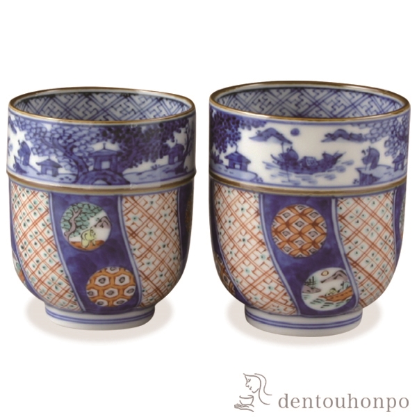 【送料無料】組湯呑 色絵丸紋山水 ペア≪在庫確認後、1~3営業日で出荷≫ ( 木箱名入れ有料 退職祝い 定年 湯呑み 湯のみ セット 湯飲み おすすめ セット 清水焼 京焼 )