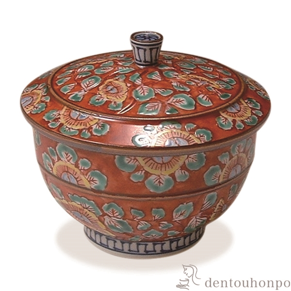 【送料無料】蓋付お茶呑茶碗 赤濃牡丹唐草 5客セット≪在庫確認後、1~3営業日で出荷≫ ( 名入れ有料 茶器セット 急須 湯呑み 日本茶 中国茶 清水焼 京焼 )