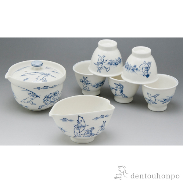 【送料無料】小茶器揃 鳥獣戯画 ７点≪在庫確認後、1~3営業日で出荷≫ ( 湯のみ 急須 ポット プレゼント 日本茶 清水焼 京焼 )