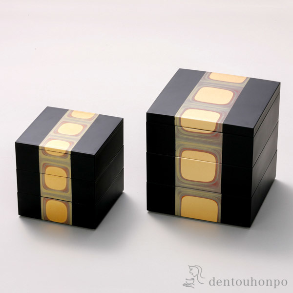 送料無料】 古代箔 三段重 黒 5号 / 箔一 おせち 運動会 漆塗り お正月