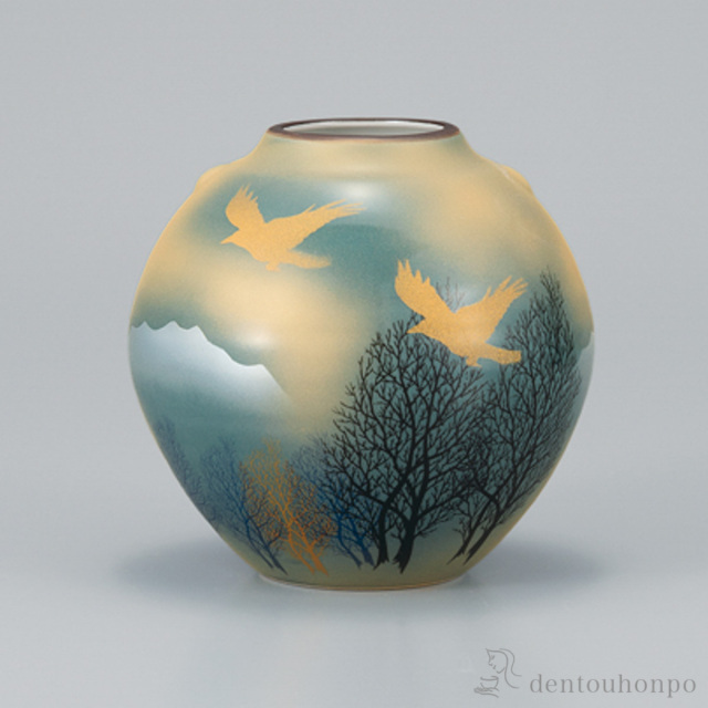 花瓶 木立連山に鳥 5.5号≪在庫確認後、1~3営業日で出荷≫ ( 木札名入れ有料 ガラス フラワーベース 花器 一輪挿し おすすめ 九谷焼 )