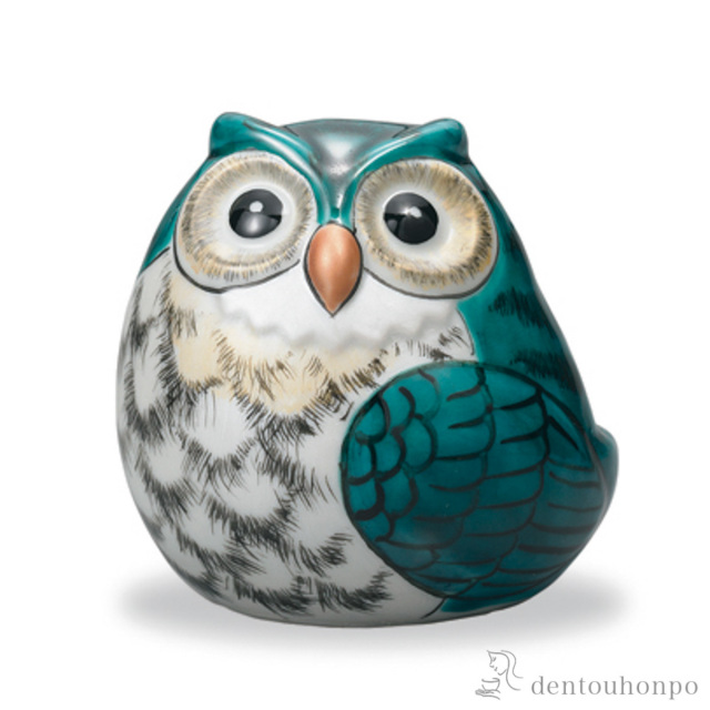 横向きふくろう 緑釉彩 3号≪在庫確認後、1~3営業日で出荷≫ ( 木札名入れ有料 フクロウ 置物 玄関 風水 小物 九谷焼 )
