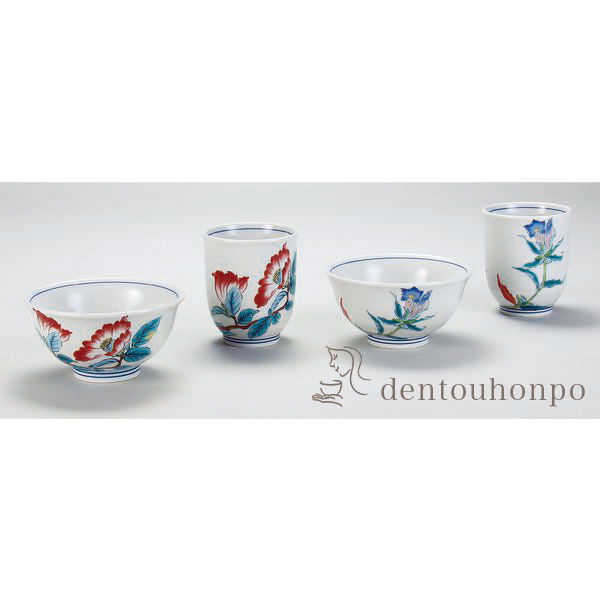 九谷焼 睦揃 リンドウと山茶花≪在庫確認後、通常即日で出荷≫ ( 夫婦茶碗 夫婦湯呑 セット ご飯茶碗 湯飲み 九谷焼 )