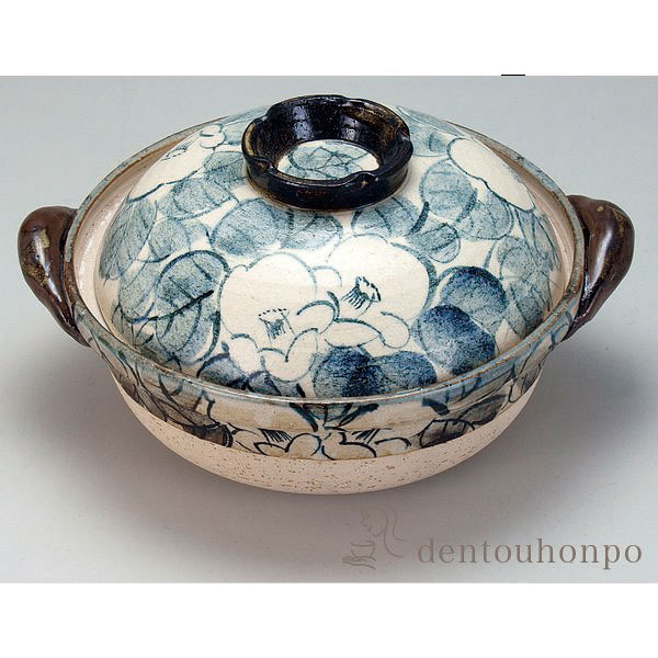 【送料無料】九谷焼 土鍋 染付椿 8号≪在庫確認後、通常即日で出荷≫ ( 和窯 ご飯 炊飯 ごはん おかゆ おすすめ 九谷焼 )