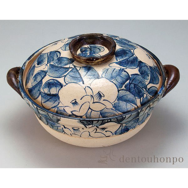 【送料無料】九谷焼 土鍋 染付椿 9号≪在庫確認後、通常即日で出荷≫ ( 和窯 ご飯 炊飯 ごはん おかゆ おすすめ 九谷焼 )