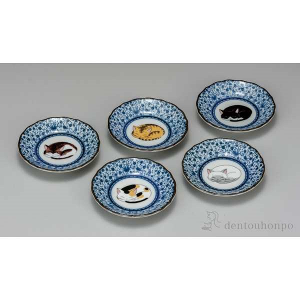 【送料無料】九谷焼 皿揃 眠り猫 4号 5枚セット≪在庫確認後、通常即日で出荷≫ ( 和食器セット お皿 揃える 食器 和食 九谷焼 )