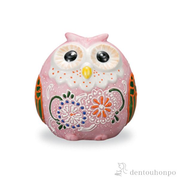 九谷焼 丸梟 ピンク盛 2.5号≪注文後に商品取り寄せ、後日納期連絡致します≫ ( 木札名入れ有料 退職祝い 定年 フクロウ 置物 玄関 風水 小物 九谷焼 )