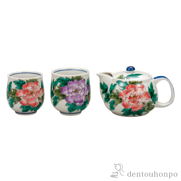 【送料無料】くつろぎ揃 牡丹 夫婦湯呑・急須セット 茶こし網付き≪在庫確認後、通常即日で出荷≫ ( 湯のみ 急須 ポット プレゼント 日本茶 九谷焼 )