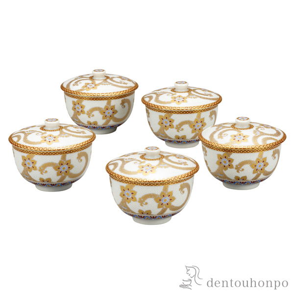 【送料無料】蓋付汲出揃 白粒金唐草 5客セット≪在庫確認後、通常即日で出荷≫ ( 木箱名入れ有料 茶器セット 急須 湯呑み 日本茶 中国茶 九谷焼 )