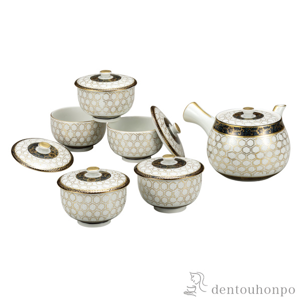 九谷焼急須と蓋付き湯呑み5客セット 送料無料】 蓋付茶器セット 亀甲文