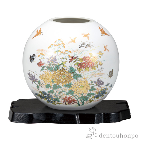 花瓶 金菊花に雀 5.5号 台付≪在庫確認後、通常即日で出荷※5／7以降≫ ( 木札名入れ有料 初任給 プレゼント 母の日 ガラス フラワーベース 花器 一輪挿し おすすめ 九谷焼 )