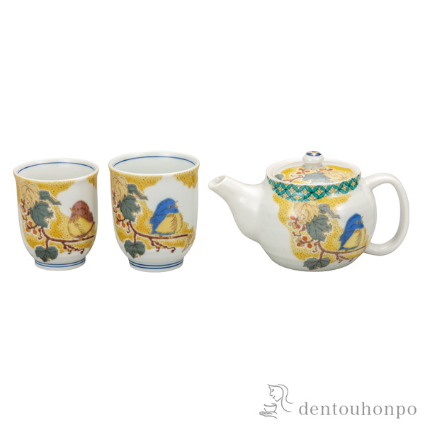 【送料無料】くつろぎ揃 吉田屋すずめ 網付≪在庫確認後、通常即日で出荷≫ ( 湯のみ 急須 ポット プレゼント 日本茶 九谷焼 )