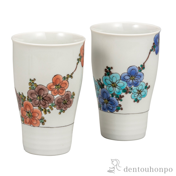 【送料無料】ぺアフリーカップ 花木≪在庫確認後、通常即日で出荷≫ ( 焼酎グラス ビアカップ ビールグラス フリーカップ グラス 九谷焼 )
