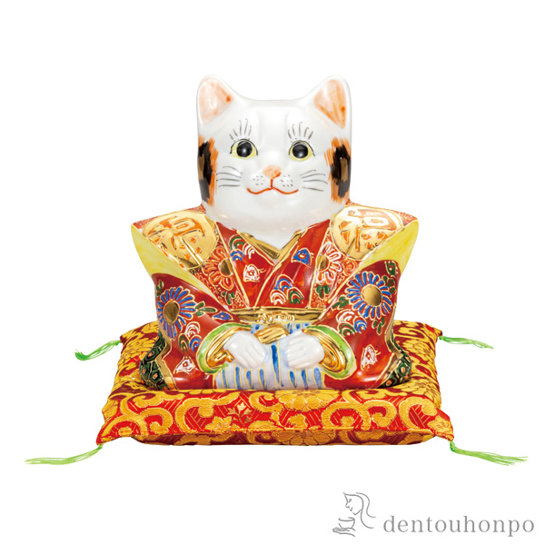 【送料無料】福助猫 盛 6号 布団付≪在庫確認後、通常即日で出荷※5／7以降≫ ( 木札名入れ有料 初任給 プレゼント 母の日 置物 幸運 開運 まねきねこ 風水 九谷焼 )