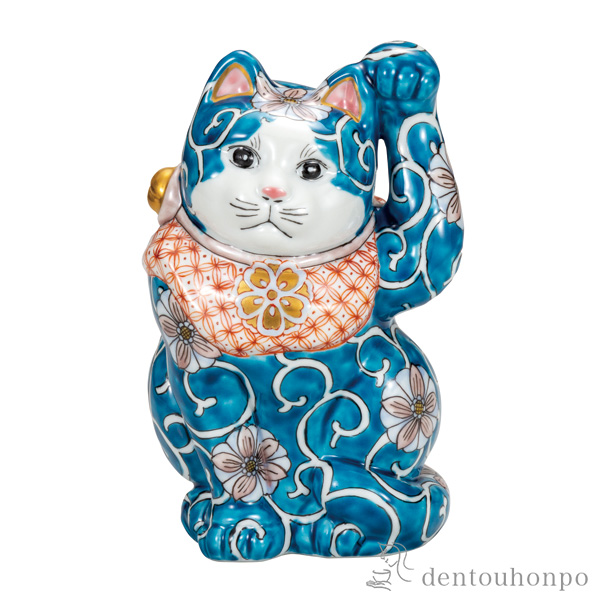 【送料無料】招き猫 色絵唐草 6.5号≪在庫確認後、通常即日で出荷※5／7以降≫ ( 木札名入れ有料 置物 幸運 開運 まねきねこ 風水 九谷焼 )