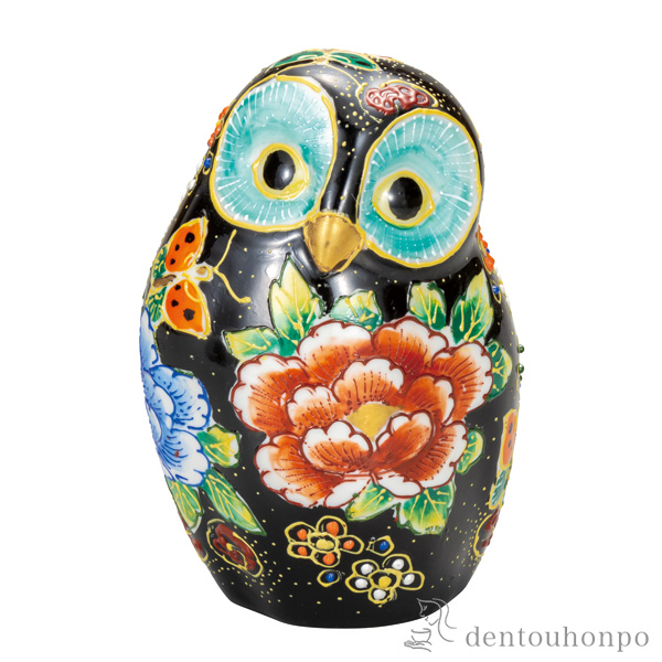 【送料無料】ふくろう 牡丹 6号≪在庫確認後、通常即日で出荷≫ ( 木札名入れ有料 フクロウ 置物 玄関 風水 小物 九谷焼 )