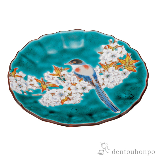 皿 グリーン山桜に鳥 4.5号≪在庫確認後、通常即日で出荷≫ ( プレート 醤油皿 豆皿 和食 洋食 九谷焼 )