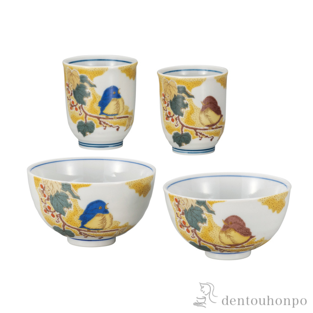 【送料無料】睦揃 吉田屋雀≪在庫確認後、通常即日で出荷≫ ( 夫婦茶碗 夫婦湯呑 セット ご飯茶碗 湯飲み 九谷焼 )