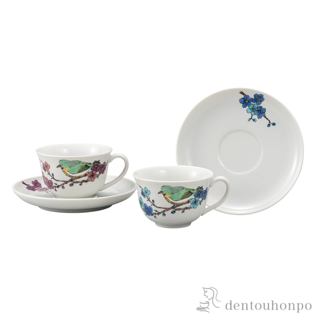 【送料無料】ペアコーヒー めじろに梅≪在庫確認後、通常即日で出荷≫ ( セット ソーサー ティーカップ 美味しい おすすめ 九谷焼 )