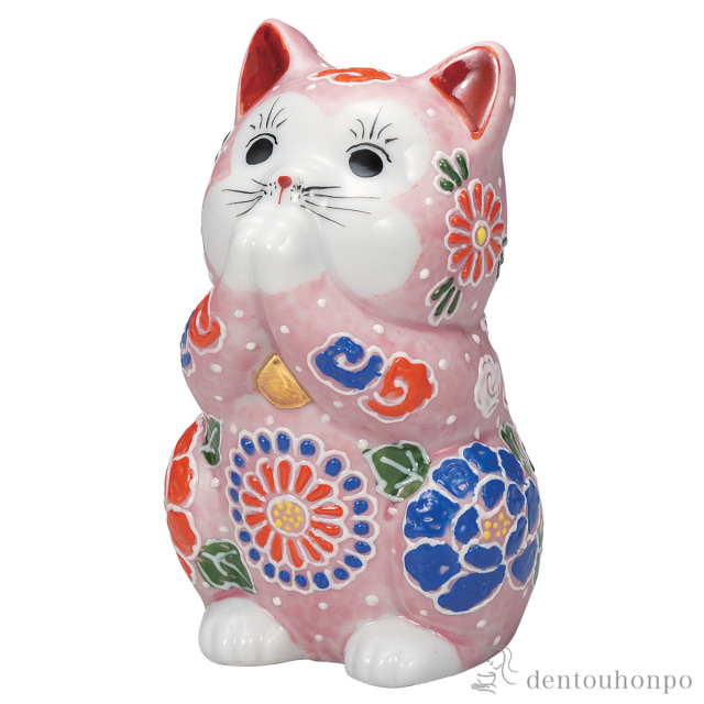 【送料無料】お祈り猫 桃盛 3.8号≪在庫確認後、通常即日で出荷≫ ( 置物 幸運 開運 まねきねこ 風水 九谷焼 )