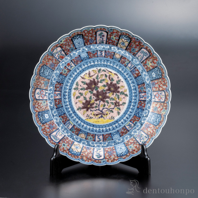 【送料無料】飾皿 青華紅彩花鳥文 10号 皿立付≪在庫確認後、通常即日で出荷≫ ( 置物 飾皿 スタンド 絵皿 贈り物 九谷焼 )