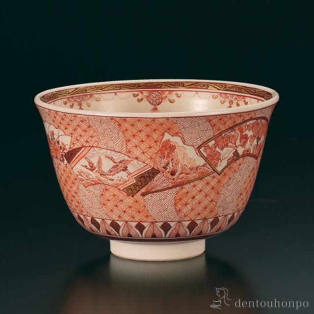 【送料無料】抹茶碗 扇面ちらし文≪在庫確認後、1~3営業日で出荷≫ ( 木箱名入れ有料 抹茶碗 茶道具 茶器 お稽古用 抹茶 九谷焼 )