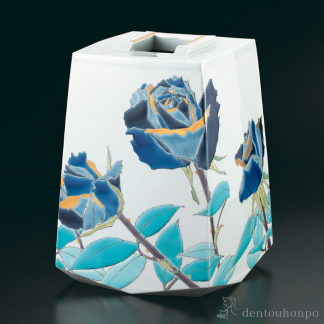 【送料無料】方壺 色絵薔薇「青玲」≪在庫確認後、1~3営業日で出荷≫ ( 木箱名入れ有料 木札名入れ有料 ガラス フラワーベース 花器 一輪挿し おすすめ 九谷焼 )