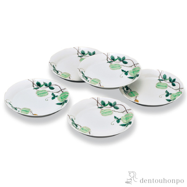 【送料無料】皿揃 風船かずら 5号 5枚セット≪在庫確認後、1~3営業日で出荷≫ ( 和食器セット お皿 揃える 食器 和食 九谷焼 )