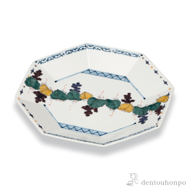 【送料無料】8角皿 葡萄文 8号≪在庫確認後、1~3営業日で出荷≫ ( プレート 醤油皿 豆皿 和食 洋食 九谷焼 )