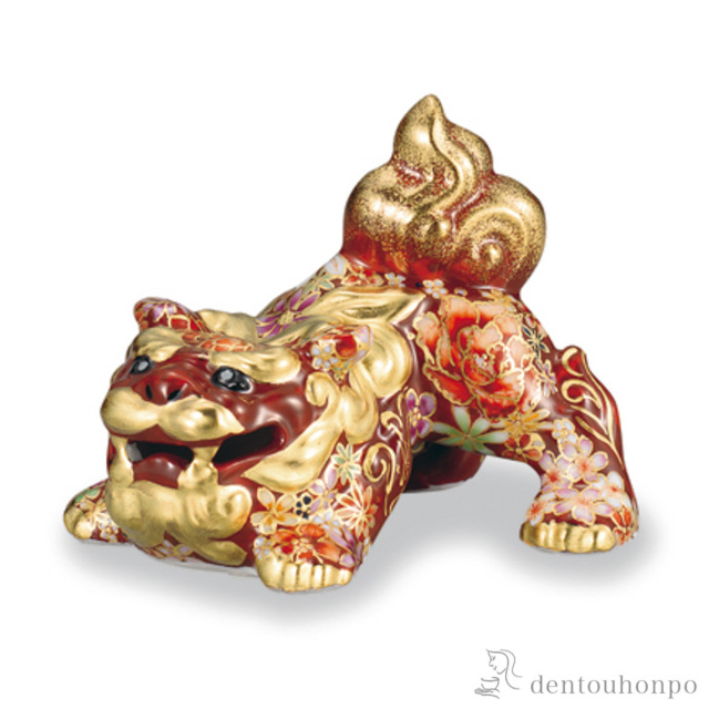 送料無料】 獅子 本金花詰 3号 / 置物 玄関 受付 風水 幸運 九谷焼
