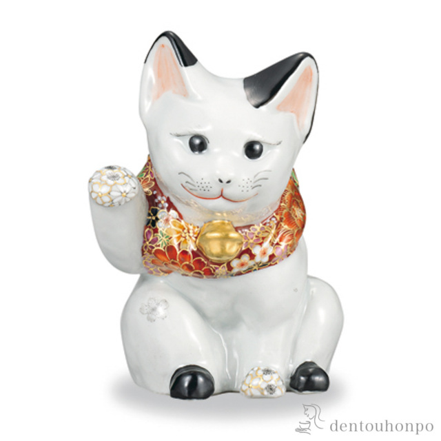 【送料無料】招き猫 本金花詰 4号≪在庫確認後、1~3営業日で出荷≫ ( 木箱名入れ有料 木札名入れ有料 置物 幸運 開運 まねきねこ 風水 九谷焼 )